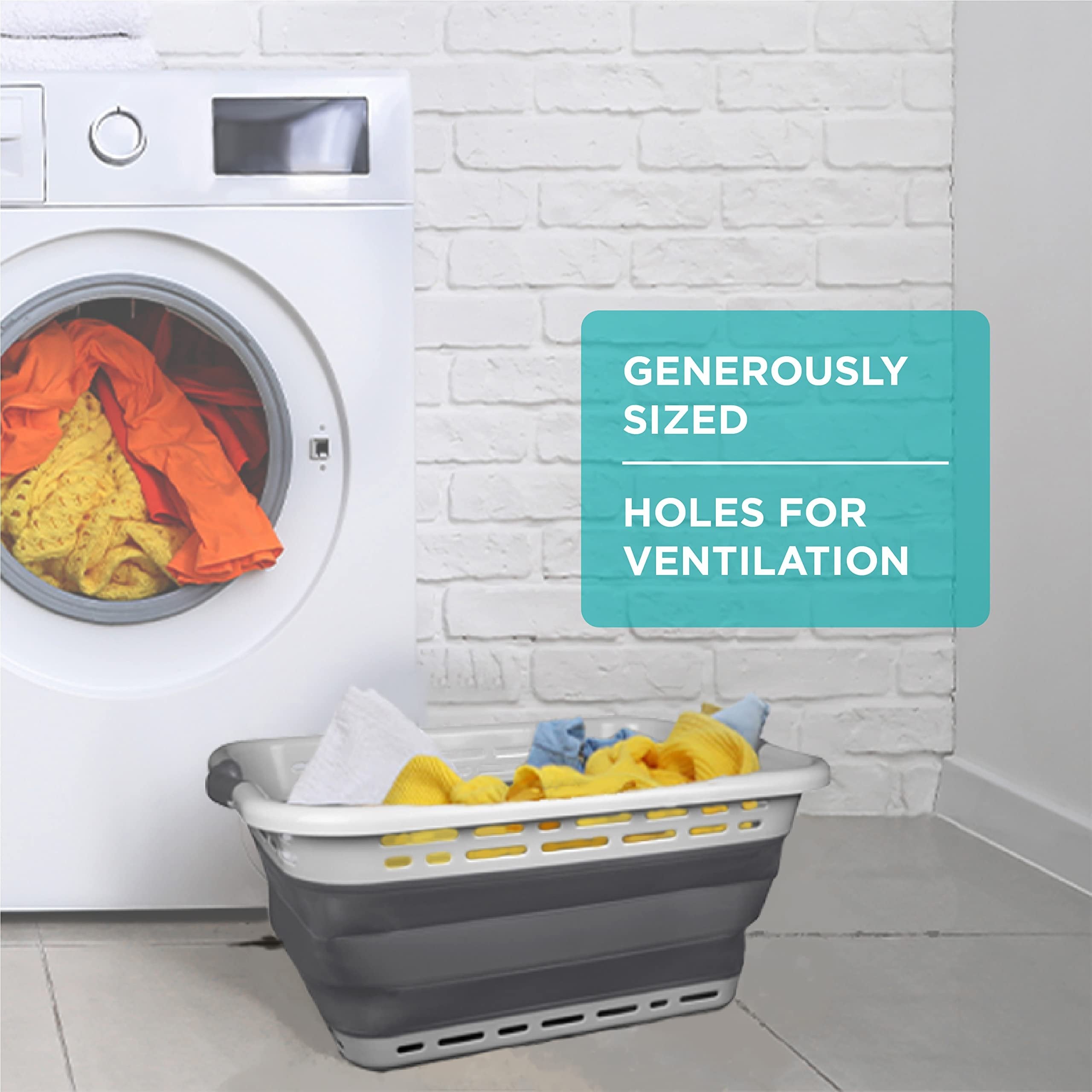 BROOKSTONE, Collapsing Laundry Basket, [LEAVE ADHESIVE IN PLACE TO AVOID RESIDUE], Comfort Grip Handles, Smart Space Saving Structure, Portable Pop Up Storage Box, only 3 Inches High When Folded