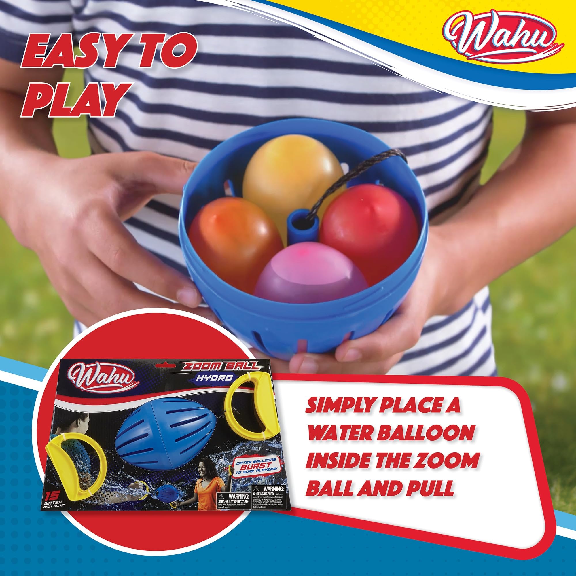 Wahu Zoom Ball Hydro Outdoor Toy with 7" Ball, 2 Handles, and 15 Water Balloons, Ages 8+, Multicolor