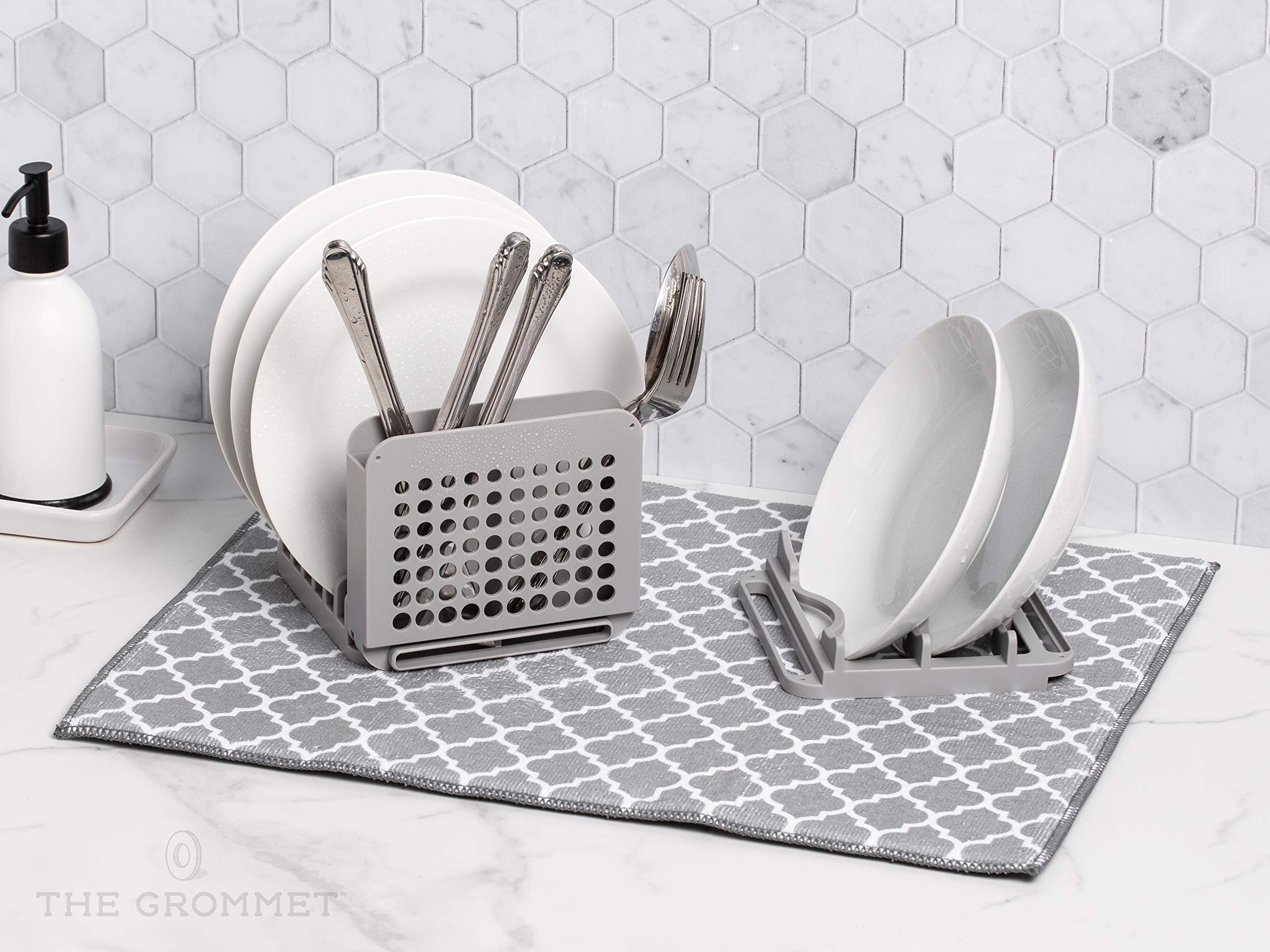 Compact Collapsible Dish Drying Rack and Ultra Absorbent Microfiber Mat. Drain and Air Dry 5 Plates, 2 Bowls and Silverware Without Dripping on Counters or Taking Up Lots of Space (Light Gray)