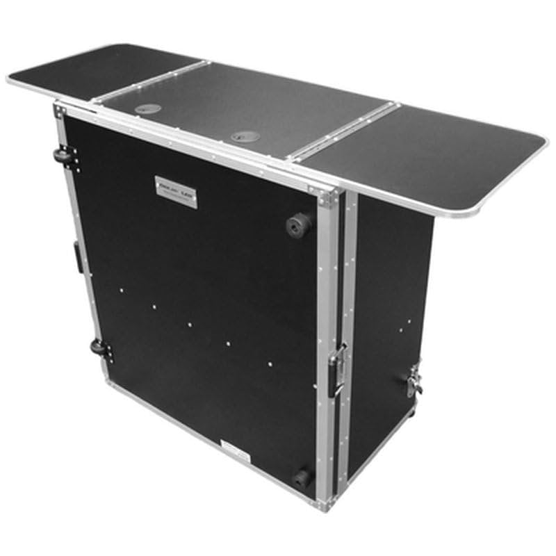 DEEJAY LED TBHTABLEMK2 Portable Folding DJ Table with Accessory Shelf - Mobile Media Workstation, Built-in Wheels, Cable Ports, Recessed Latches, Reinforced Flight Case Frame Construction - Black