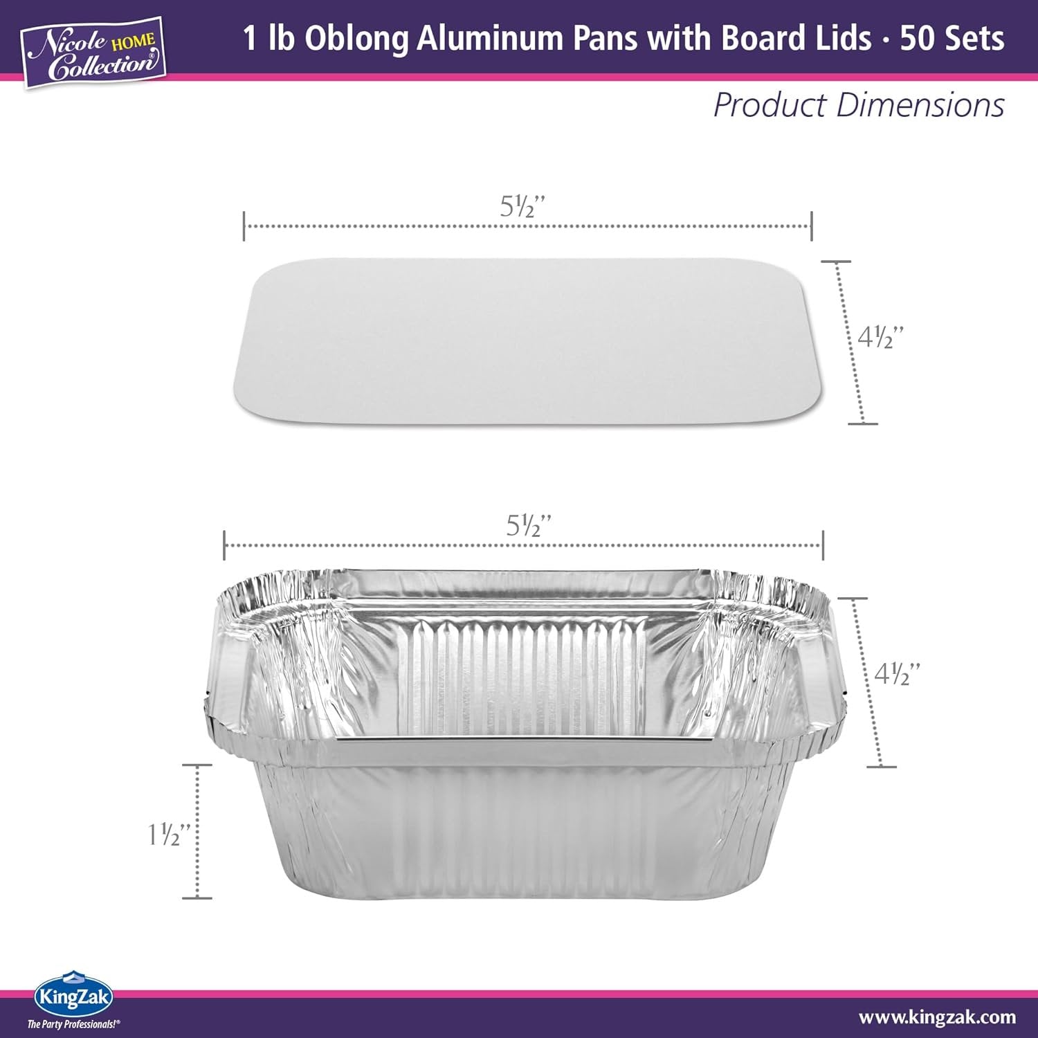 Nicole Home Collection Aluminum Pans with Lids - 50 Count - 1LB Oblong Pans (5"x4")- To Go Containers with Lids - Disposable Tin Foil Pans - Perfect for Catering, Meal Prep, Baking, Freezer Safe