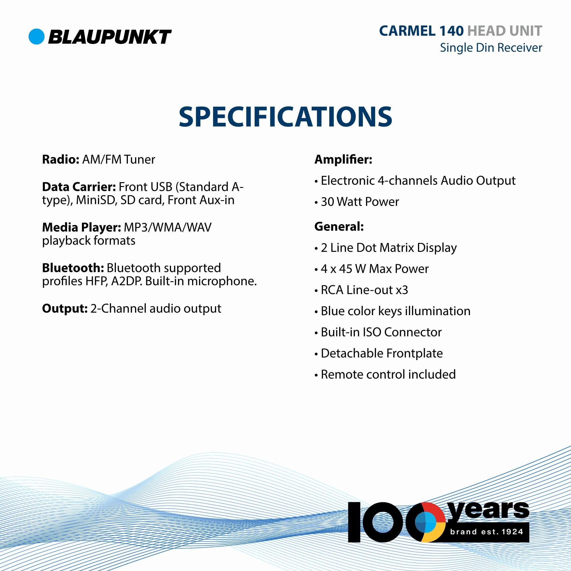 Blaupunkt Carmel 140 Bluetooth Car Stereo - 2 USB Ports, SD Card Slot, AM/FM Radio, USB Charging, Detachable Frontplate