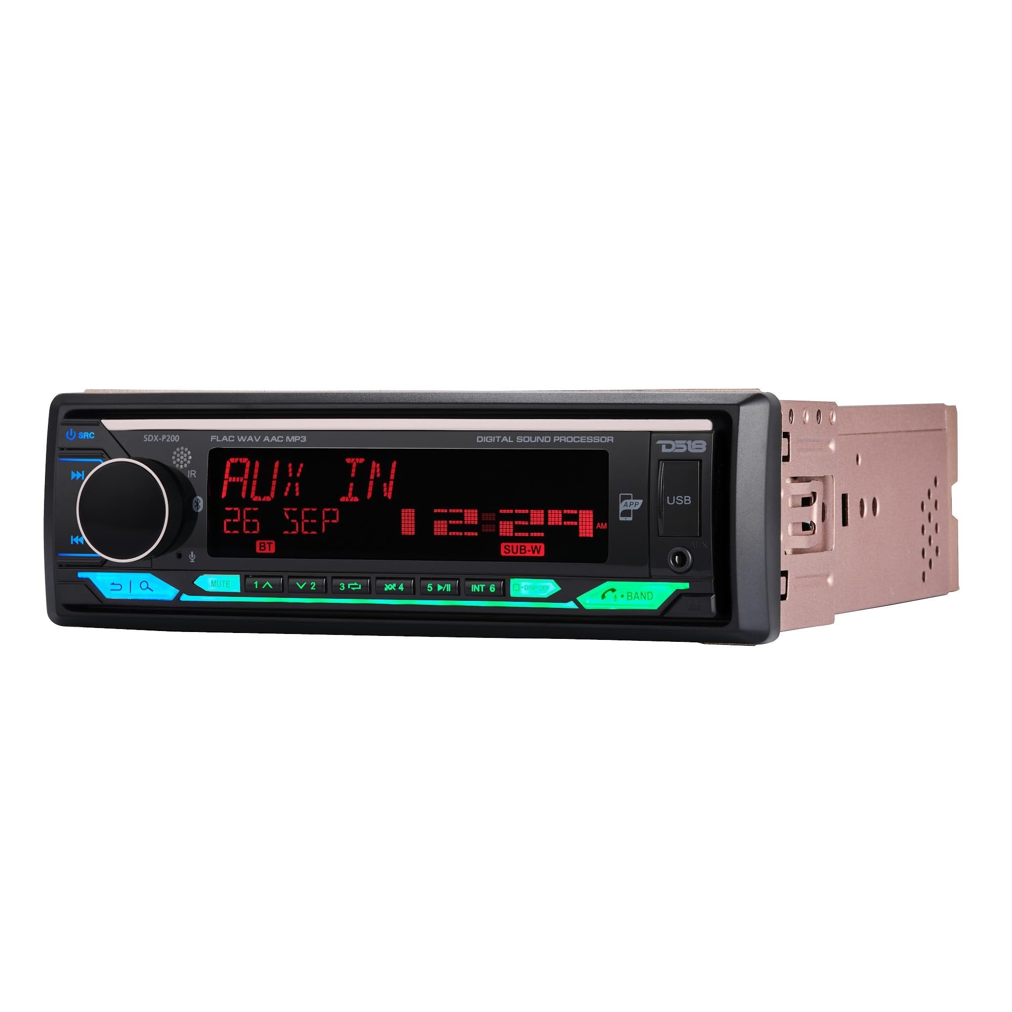 DS18 SDX-P200 Digital Media Receiver Single Din, Car Stereo Radio DSP, High Power 4 x 60 Watts, APP, Bluetooth Audio and Calling, Aux Input, USB, Mechless, AM/FM, 3V + 3.5V Subwoofer