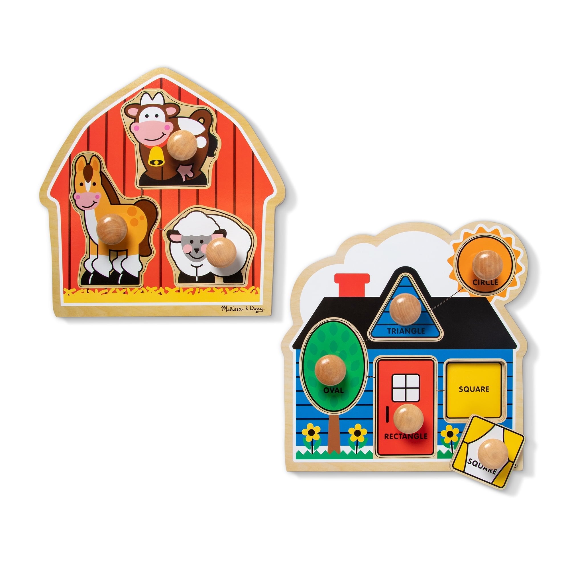 Melissa & Doug Jumbo Knob Wooden Puzzles Set - Shapes and Barn