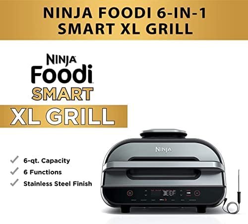 Ninja FG551 Foodi Smart XL 6-in-1 Indoor Grill with Air Fry, Roast, Bake, Broil Dehydrate, Smart Thermometer, Black/Black OPEN BOX