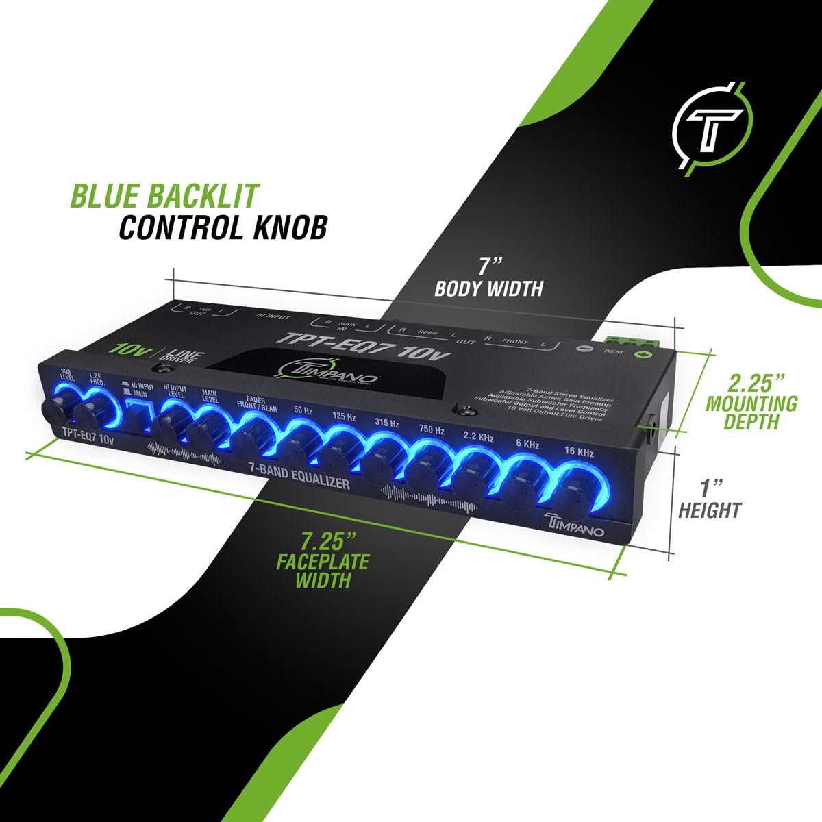 Timpano 7 band equalizer TPT-EQ7 10V High Voltage Line Driver 6 Channel RCA Output and Subwoofer Control and Crossover 1/2 Din Graphic Car Audio Eq with High Level Input
