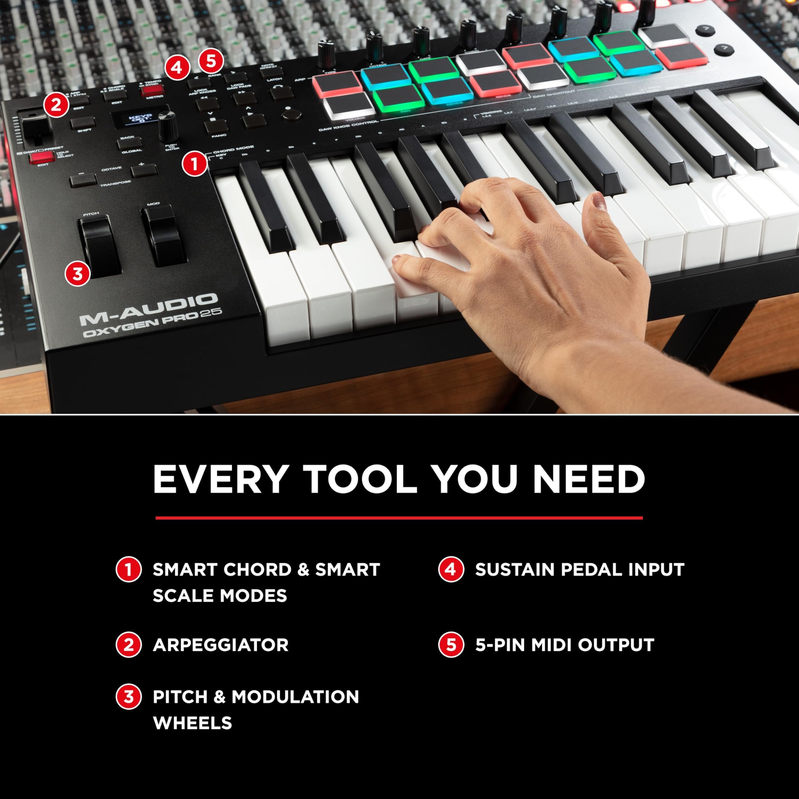 M-AUDIO Oxygen Pro 25 Key USB MIDI Keyboard Controller With Beat Pads, MIDI-assignable Knobs and Buttons, and Native Instruments Sound Package (NKS Integration)