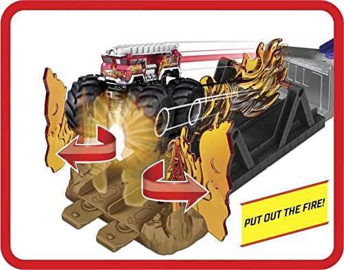 Hot Wheels Monster Trucks Toy Playset with 1:64 Scale Die-Cast 5-Alarm Fire Truck, Fire Through Challenge, Launch Vehicle Over Spinning Flames