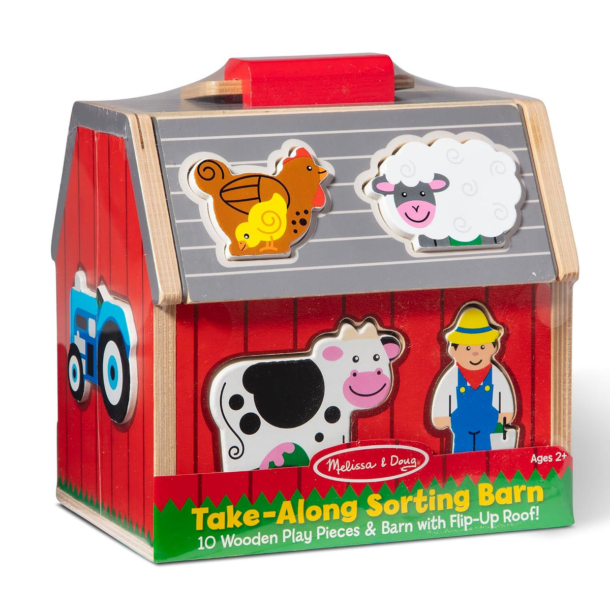 Melissa & Doug Take-Along Wooden Toy Barn, 11-Pc Portable Toddler Playset with Farm Animals & Pop-Up Roof, Preschool Learning Toys for Girls & Boys 2+