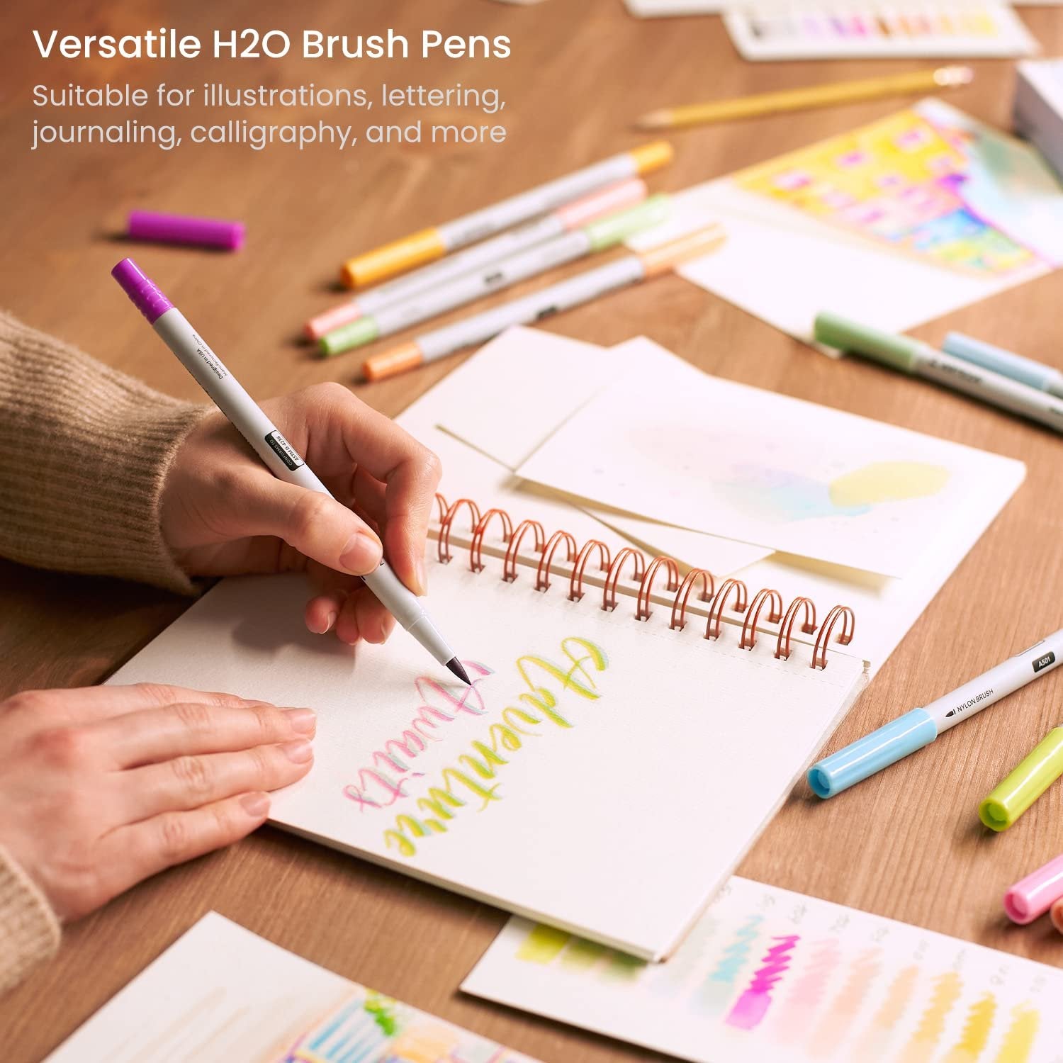 ARTEZA Dual Tip Brush Pens, 12 Pastel Colors, Watercolor Calligraphy Markers, Nylon Brush and Fine Tip, Water-Based Ink