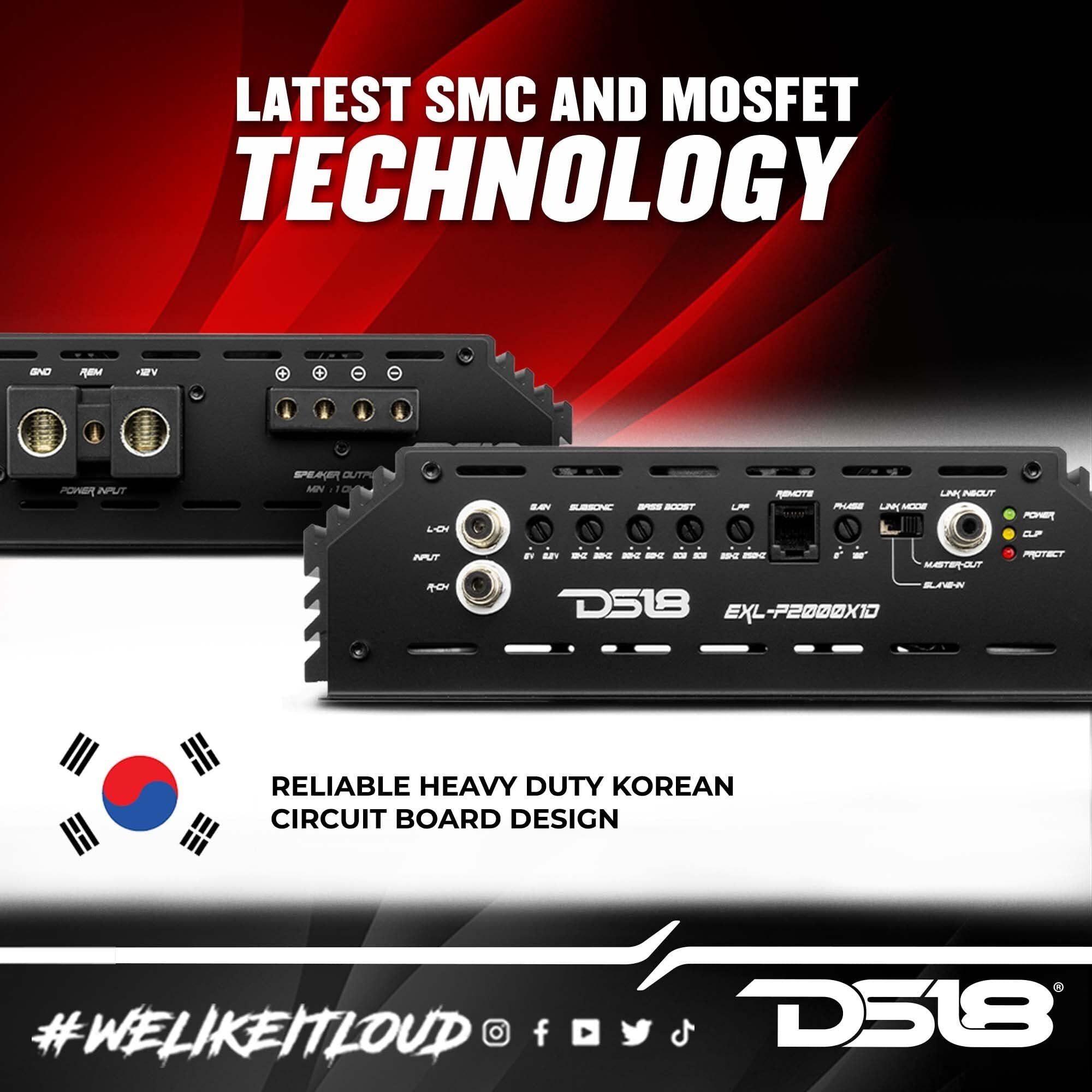 DS18 EXL-P2000X1D Korean 1-Channel Monoblock Subwoofer Car Audio Amplifier Competition Grade Class D MOSFET Amp 2000 Watts Rms - Remote BASS Knob Included