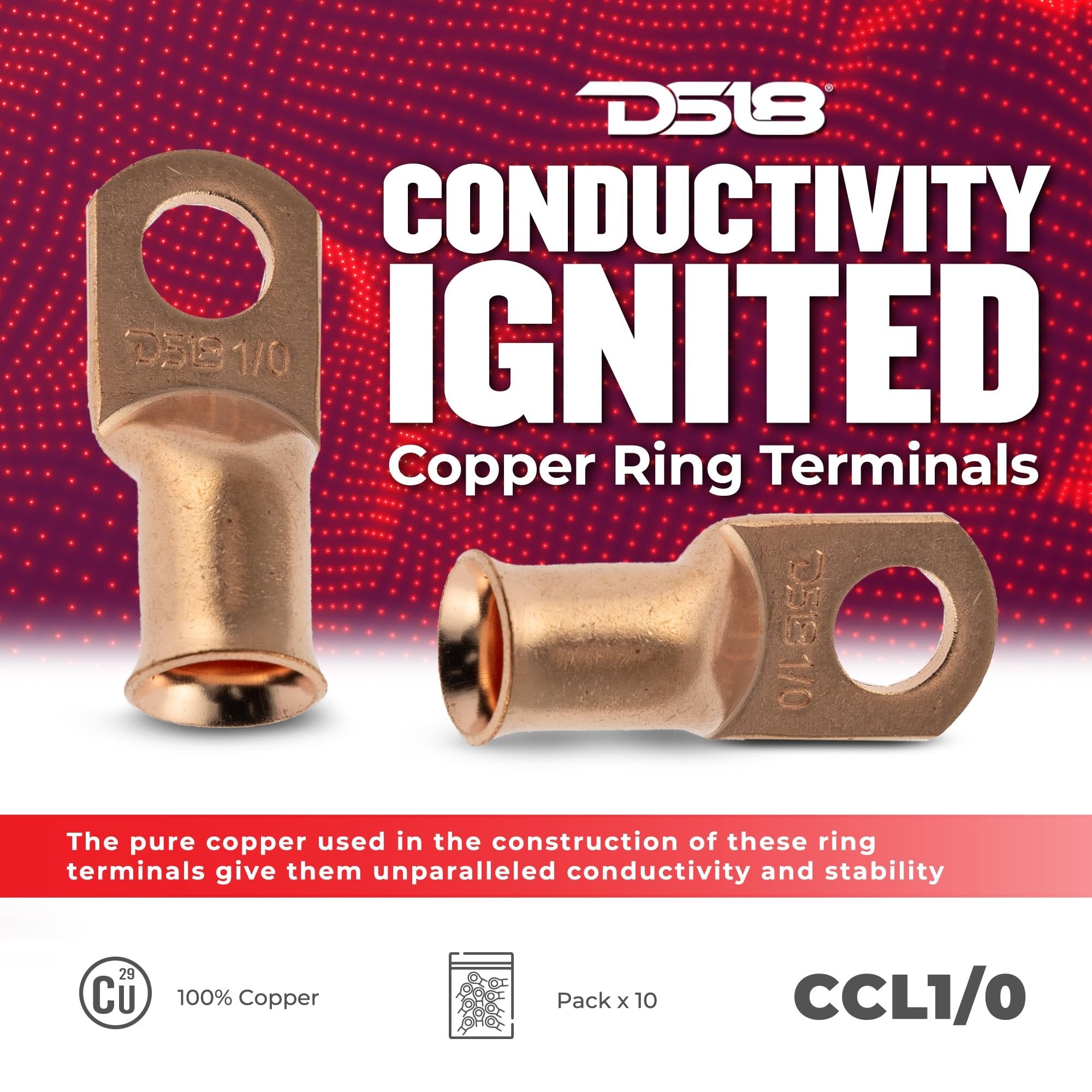 DS18 CCL1/0 Heavy Duty Cable 1 Gauge Lugs Battery Cable Bare Copper Eyelets Tubular Ring Terminal Connectors, (10 Pack),Black
