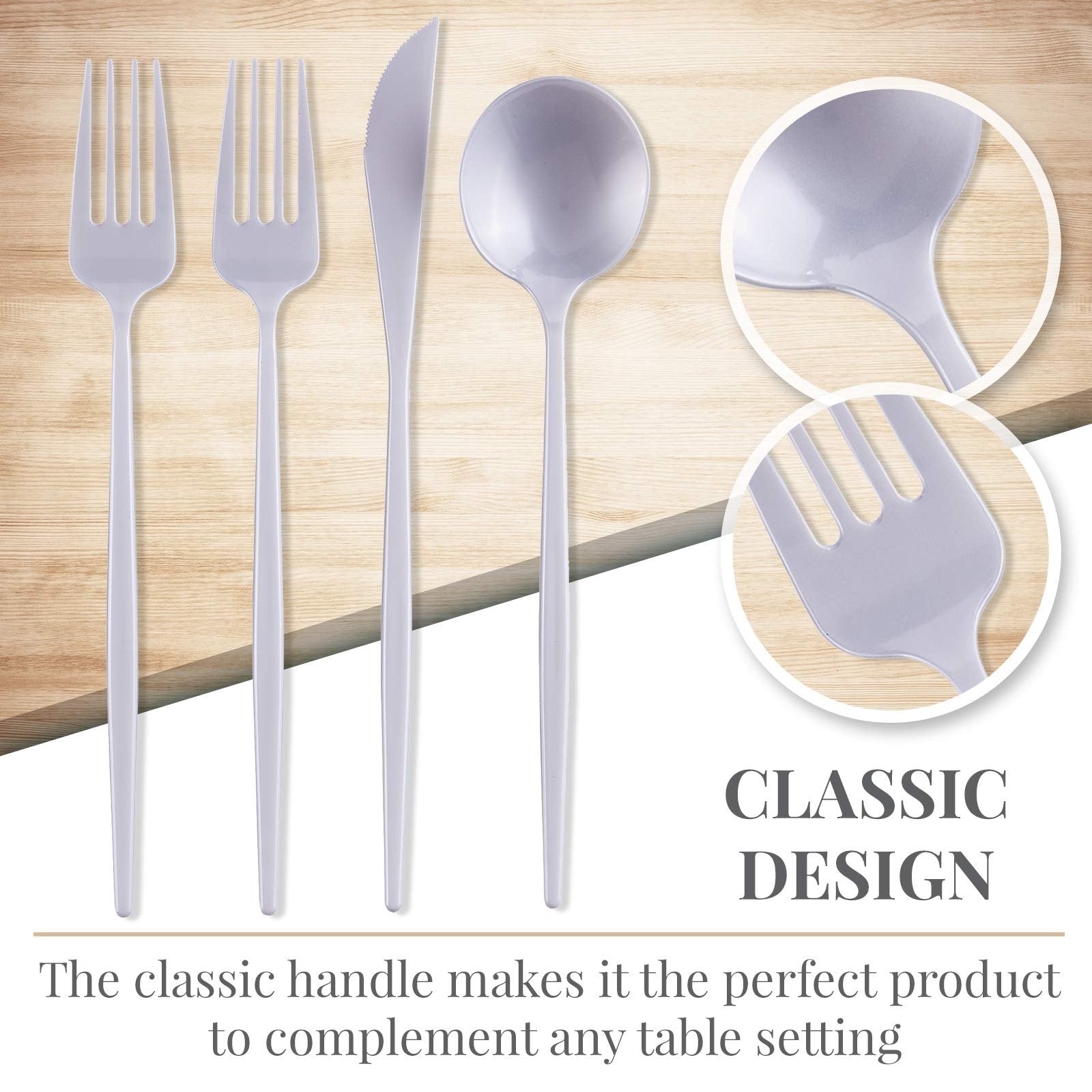 SILVER SPOONS Pearl Disposable Cutlery (80 PC) Heavy Duty Plastic Silverware Set, Includes: 40 Salad Forks, 20 Soup Spoons and 20 Dinner Knives, Disposable Flatware for Upscale Wedding and Dining