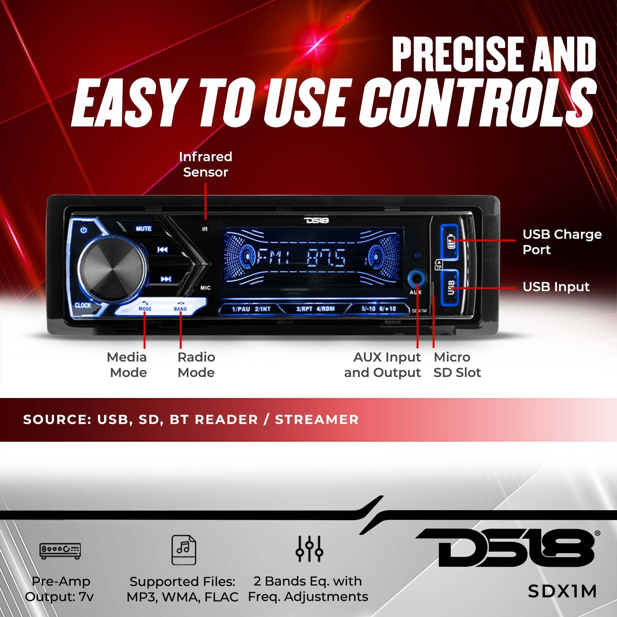 DS18 SDX1M Multimedia Car Stereo Built in Bluetooth 7 Volt Preouts- Single Din Mechless Digital Media Receiver Dual USB SD AUX Input AM FM Car Radio Remote Quick Charge Hands Free