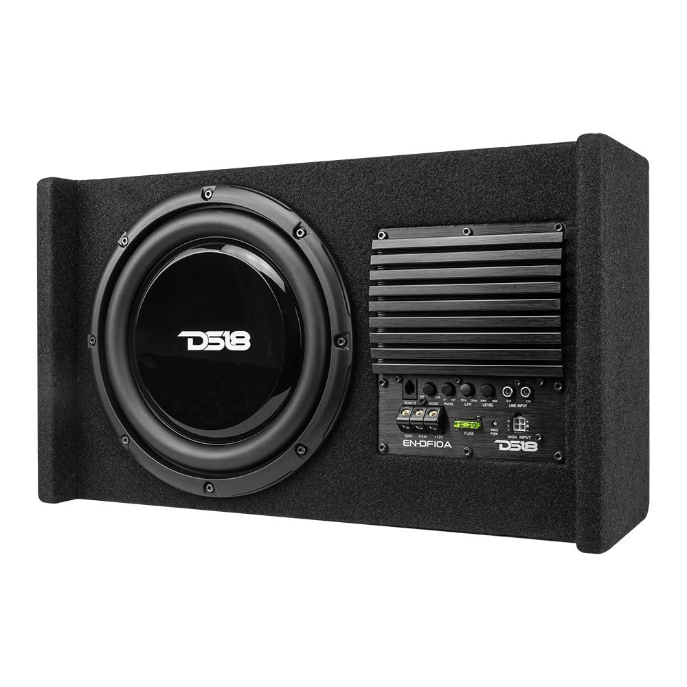 DS18 EN-DF10A 10" Amplified Thin Shallow Down-Firing Subwoofer Enclosure 500 Watts - Powered Subwoofer Box Compact Sealed Design for Car & Trucks