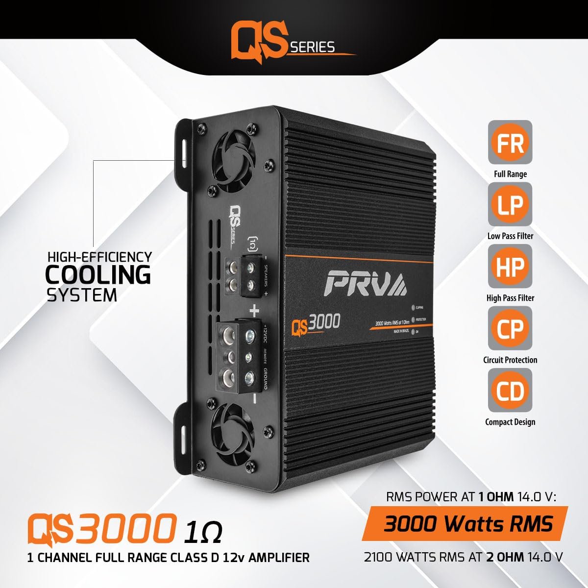 PRV Audio QS3000 1 Ohm 3000 Watt Amp Car Audio Amplifier Full Range HD Sound Monoblock 3K Car Amp with Built-in HPF and LPF Controls for PRO Audio Systems