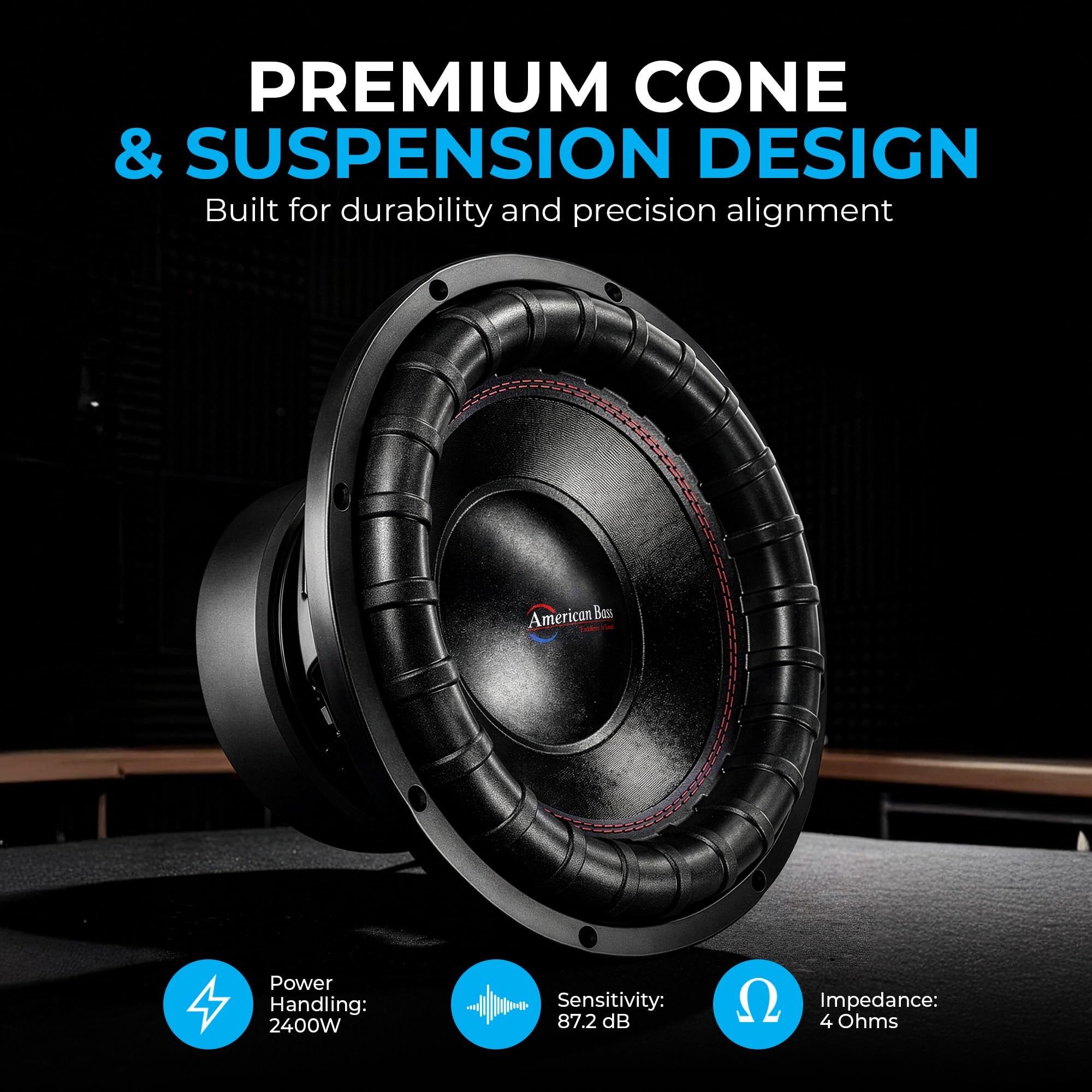 American Bass 15" Elite Series Car Subwoofer, 2400W Peak / 1200W RMS, Dual 4 Ohm and 3" 4-Layer Voice Coil, 150oz Magnet Heavy Duty Hi-Roll Surround, High-Performance Deep Bass in Car Audio Systems