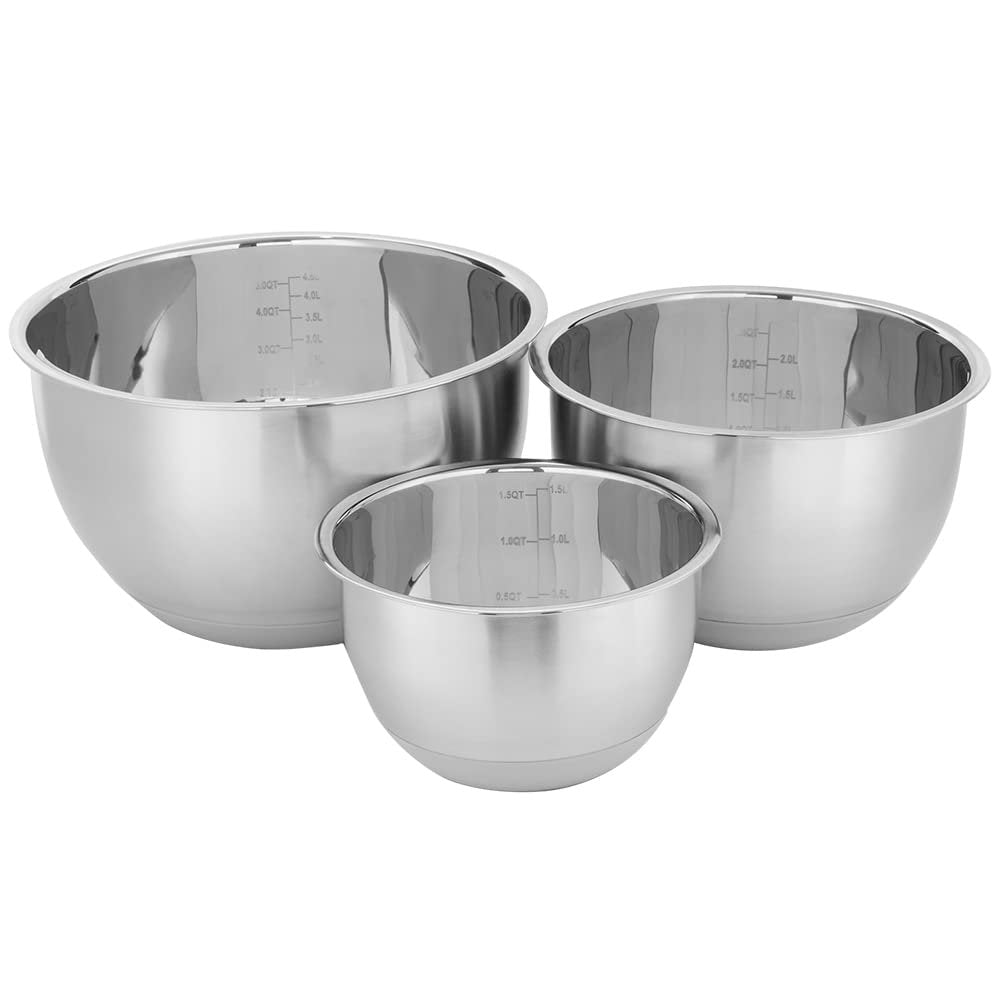 Home Basics 3 Piece Stainless Steel Nesting Mixing Bowls with Rubber Bottoms | Kitchen Essential | High Walls for Easy Mixing | Compact Storage