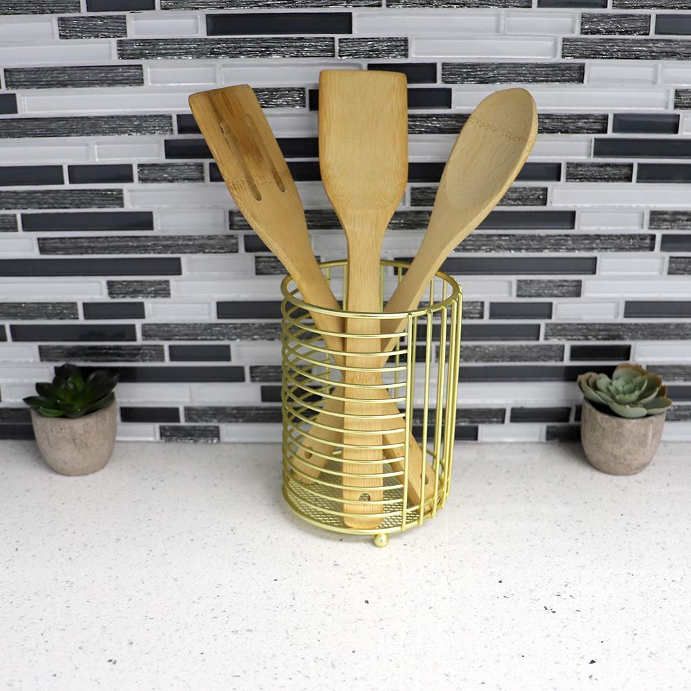 Home Basics Halo Steel Cutlery Holder with Mesh Bottom and Non-Skid Feet, 4.5" x 4.5" x 6.25", Gold
