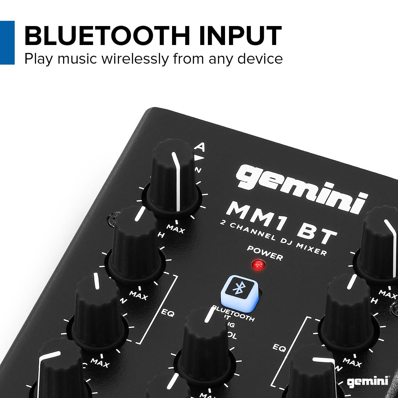 Gemini Sound MM1BT Bluetooth Professional Audio 2-Channel Dual Mic Input Stereo 2-Band Rotary Compact DJ Podcast Mixer with Cross-Fader and Individual Gain Control