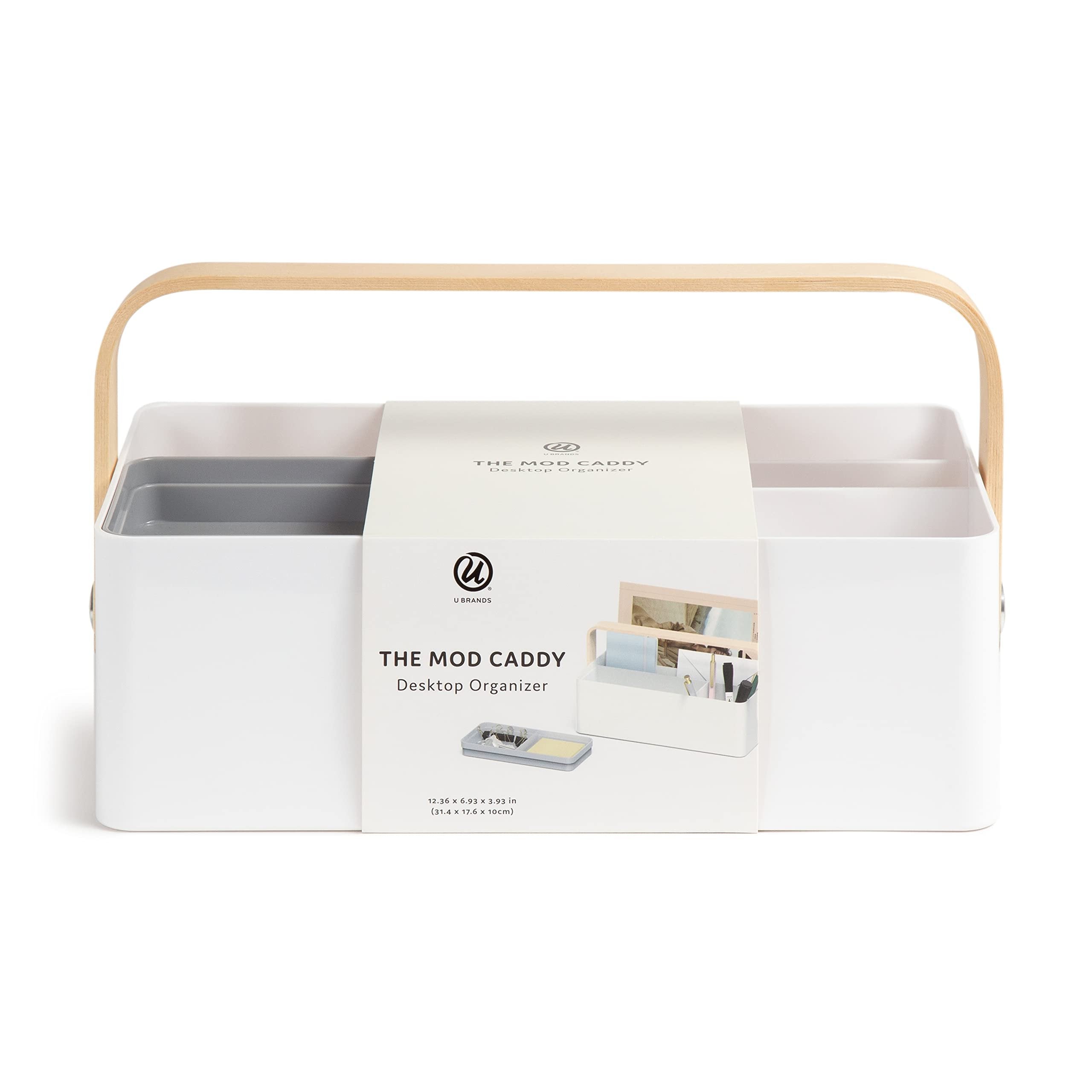 U Brands Mod Caddy Desktop Organizer, Office Supplies, White, with Removable Tray, Poplar Handle, 12.36” x 6.93” x 3.93”