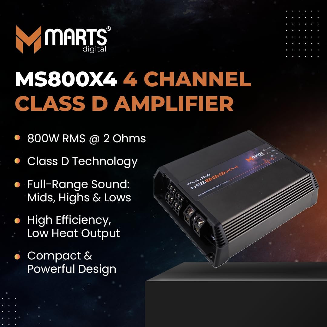 Marts Digital MS800X4 4 Channel Class D Amplifier | 800W RMS 2 Ohm | Full-Range Sound | High Efficiency | Low Heat Output | Compact Power Design | Bridge Channels | Car Audio Upgrade