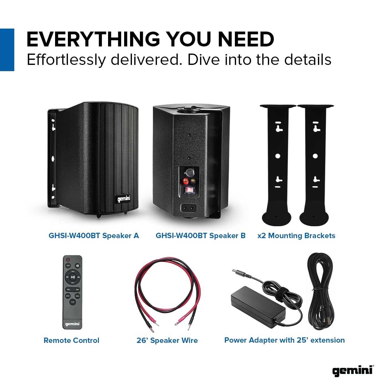 Gemini Sound GHSI-W400BT-PR-BLK 4" Inch Powerfull Bass Woofer 100 Watt Peak Power Waterproof Bluetooth Wall & Ceiling Mount Wired Speakers Pair - Easy Daisy Chain for Home Outdoor Pool & Patio, Black