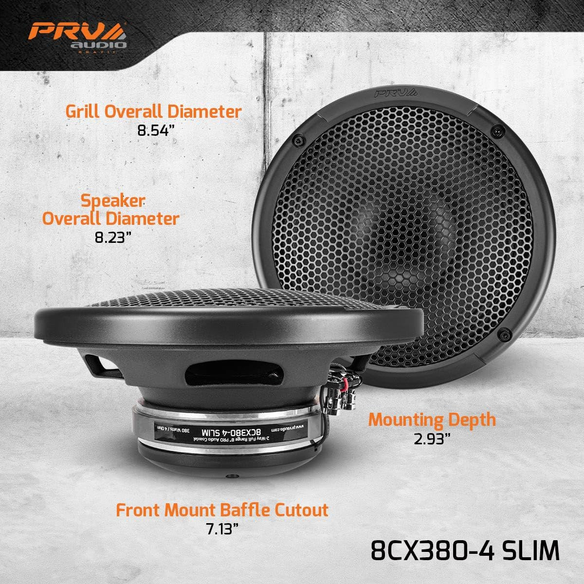 PRV AUDIO 8" Shallow Coaxial Car Audio Speaker 8CX380-4 Slim Loudspeaker with Built-in Tweeter Driver and Grill Included 380 Watts 4 Ohm (Single)