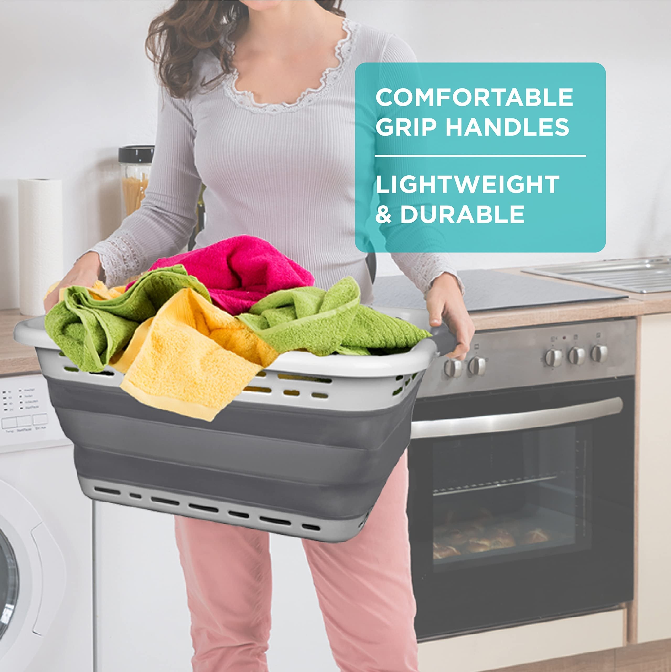BROOKSTONE, Collapsing Laundry Basket, [LEAVE ADHESIVE IN PLACE TO AVOID RESIDUE], Comfort Grip Handles, Smart Space Saving Structure, Portable Pop Up Storage Box, only 3 Inches High When Folded