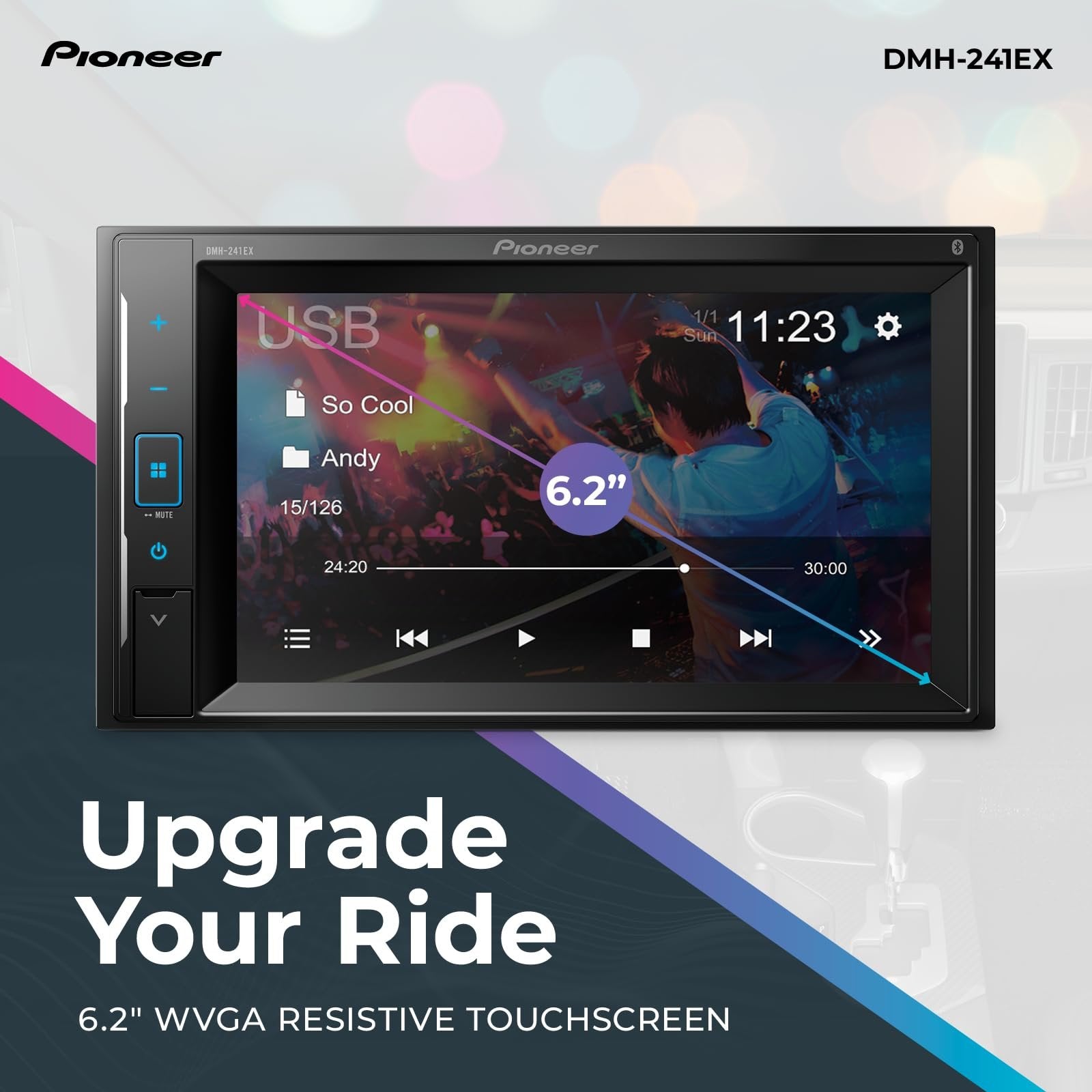 Pioneer DMH-241EX 6.2" Resistive Touchscreen, Double Din – Bluetooth, Backup Camera, AM/FM Radio, USB, FLAC Playback, Short Chassis, 13-Band EQ, 50W x 4 Output