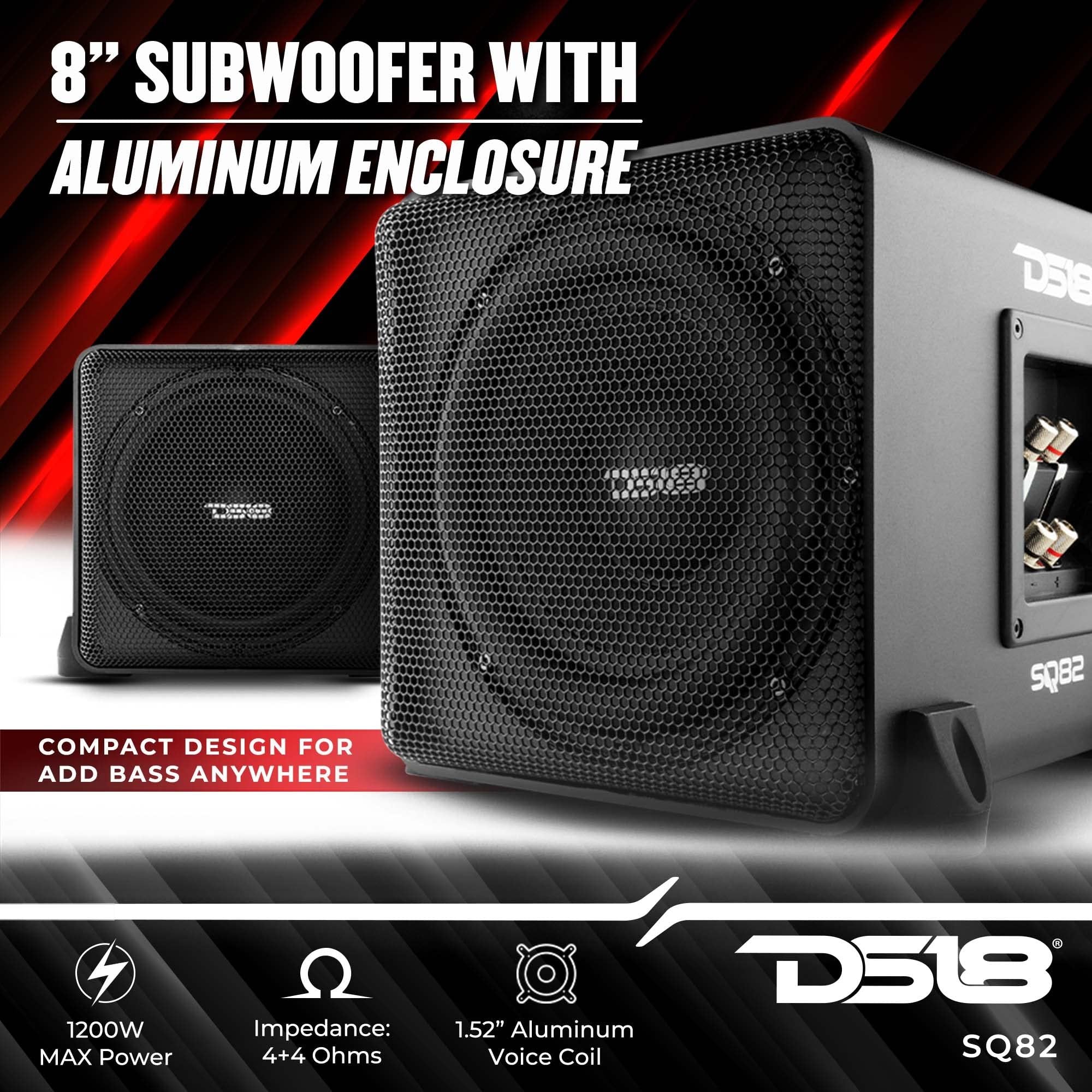 DS18 SQ82 8" Car Audio Subwoofer with High End Aluminum Enclosure 1200 Watts Dual Voice Coil 4+4 Ohm - Modern Sub That Fits in Any Setting (1 Speaker)