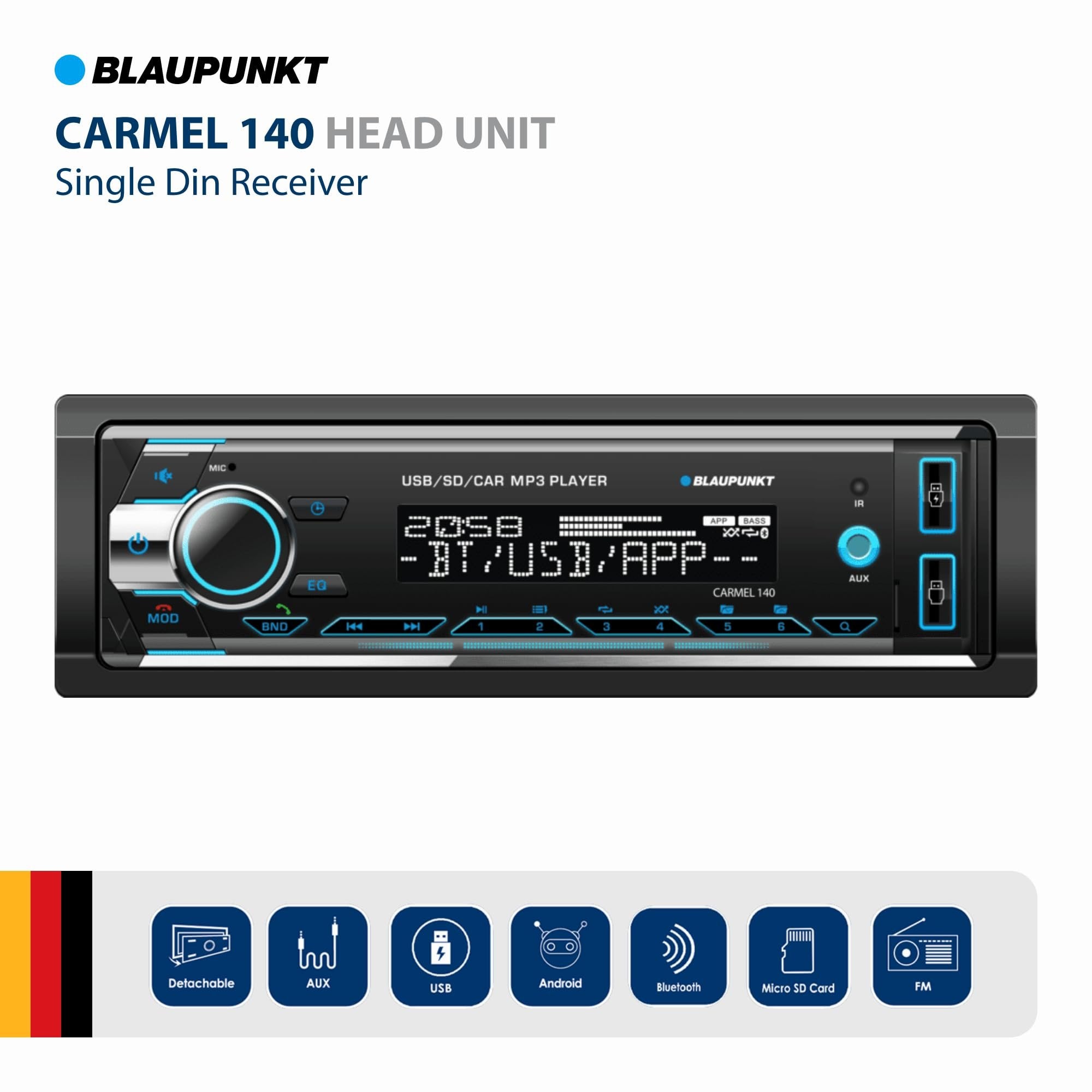 Blaupunkt Carmel 140 Bluetooth Car Stereo - 2 USB Ports, SD Card Slot, AM/FM Radio, USB Charging, Detachable Frontplate