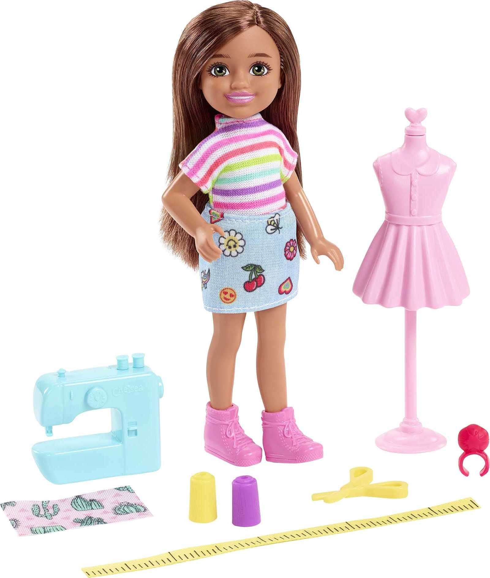 Barbie Chelsea Can Be Doll & Playset, Brunette Fashion Designer Small Doll with Removable Outfit & 8 Career Accessories
