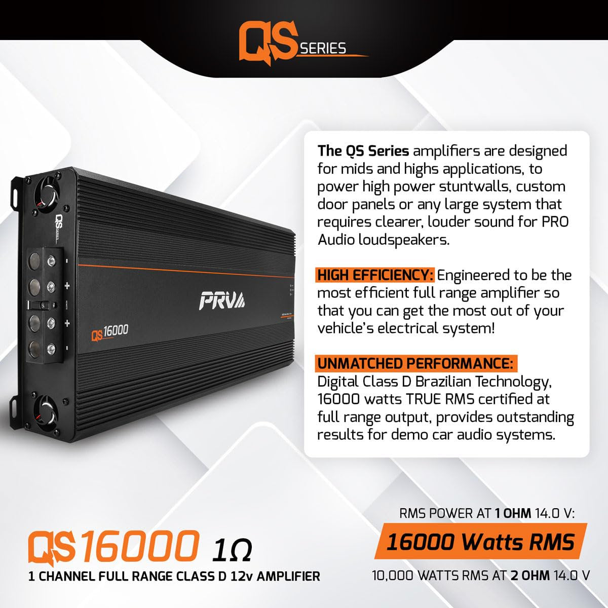 PRV Audio QS16000.1 QS Series Full Range Class D 12-Volt Amplifier PRO Audio Loudspeakers Compact 1 Channel Car Audio Amp 16000 Watts RMS at 1 Ohm