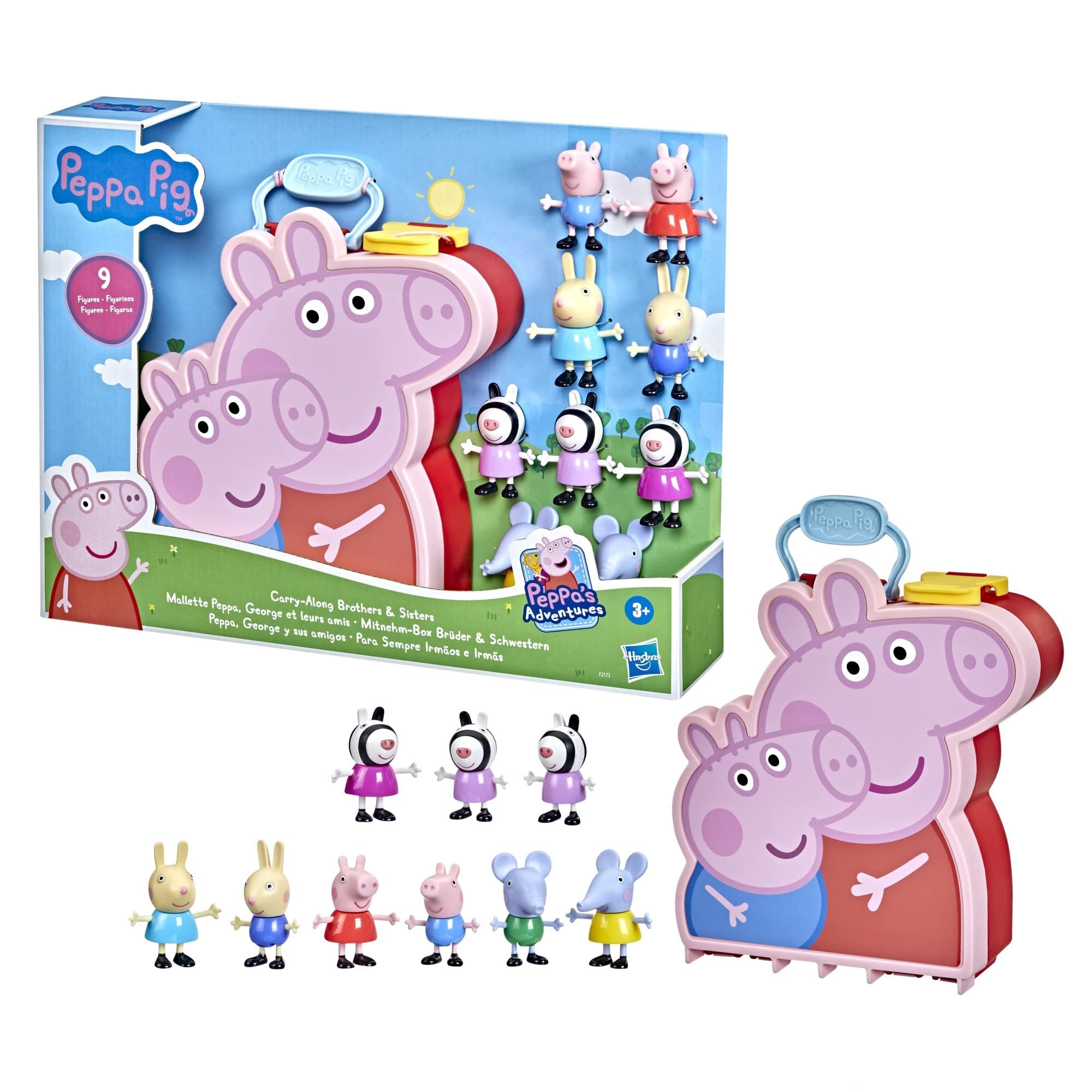 Peppa Pig Peppa's Adventures Peppa Briefcase, George and Their Friends, Preschool Toy, 9 Figures with Zebra Sisters