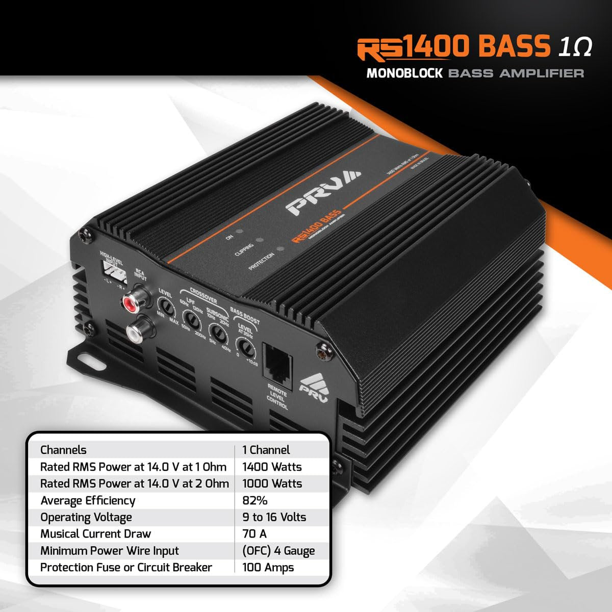 PRV Audio 1400 Watts Monoblock Class D Subwoofer Amplifier RS1400 BASS 1 Ohm – 12 Volts Car Amp, Built-in Crossover, Bass Boost, Smart Fans with Remote Sub Level Control Bass Knob Included