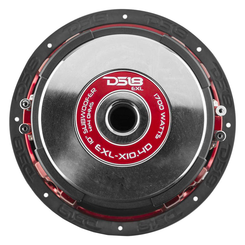 DS18 EXL-X10.4D Subwoofer in Black - 10" Speaker, 1750W Max Power, 850W RMS Power, Fiber Glass Dust Cap, Red Aluminum Frame, DVC, 4 Ohm Impedance, Ferrite Magnet (1 Speaker)