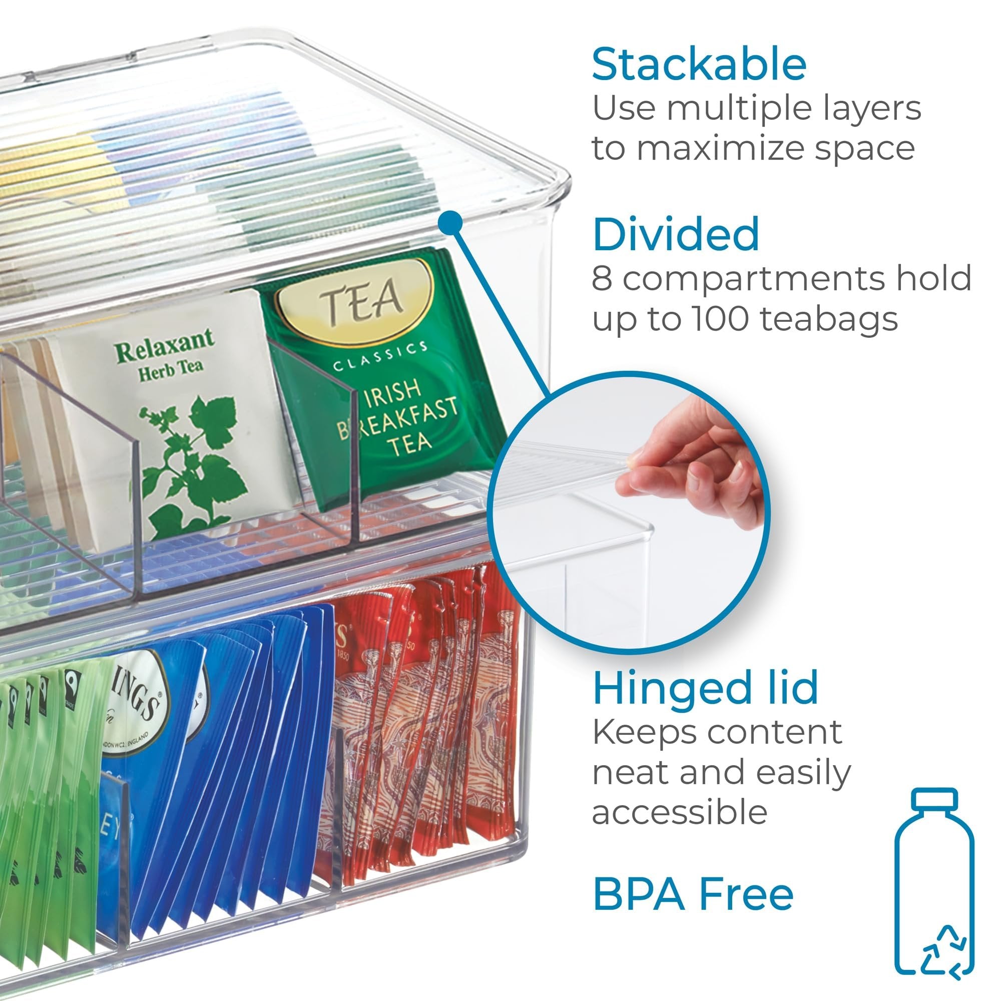 InterDesign Binz Tea Bag Organizer Box - Kitchen Cabinet Storage, Clear
