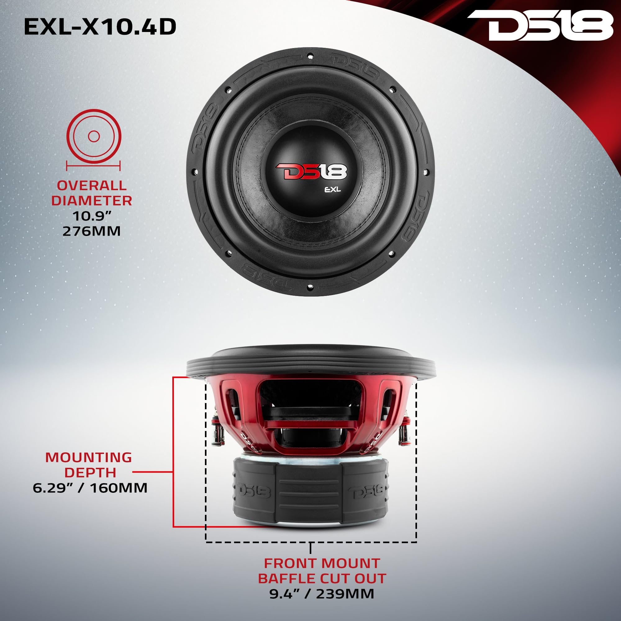DS18 EXL-X10.4D Subwoofer in Black - 10" Speaker, 1750W Max Power, 850W RMS Power, Fiber Glass Dust Cap, Red Aluminum Frame, DVC, 4 Ohm Impedance, Ferrite Magnet (1 Speaker)