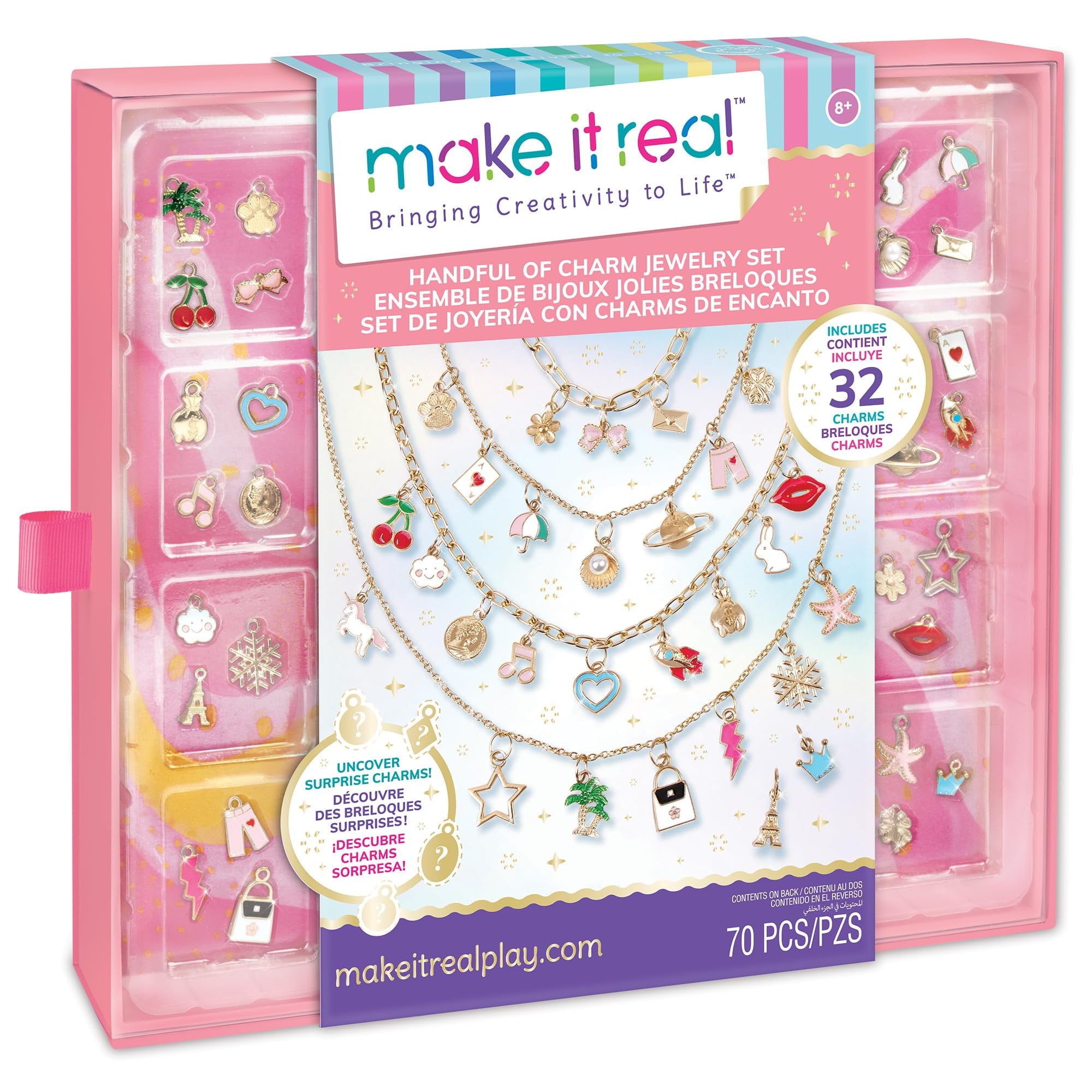 Make It Real: Handful of Charm - 70 pc DIY Jewelry Set, 4 Chain Lengths, Design & Create, Charm Necklace & Bracelet Craft Kit, Girls & Kids Age 8+