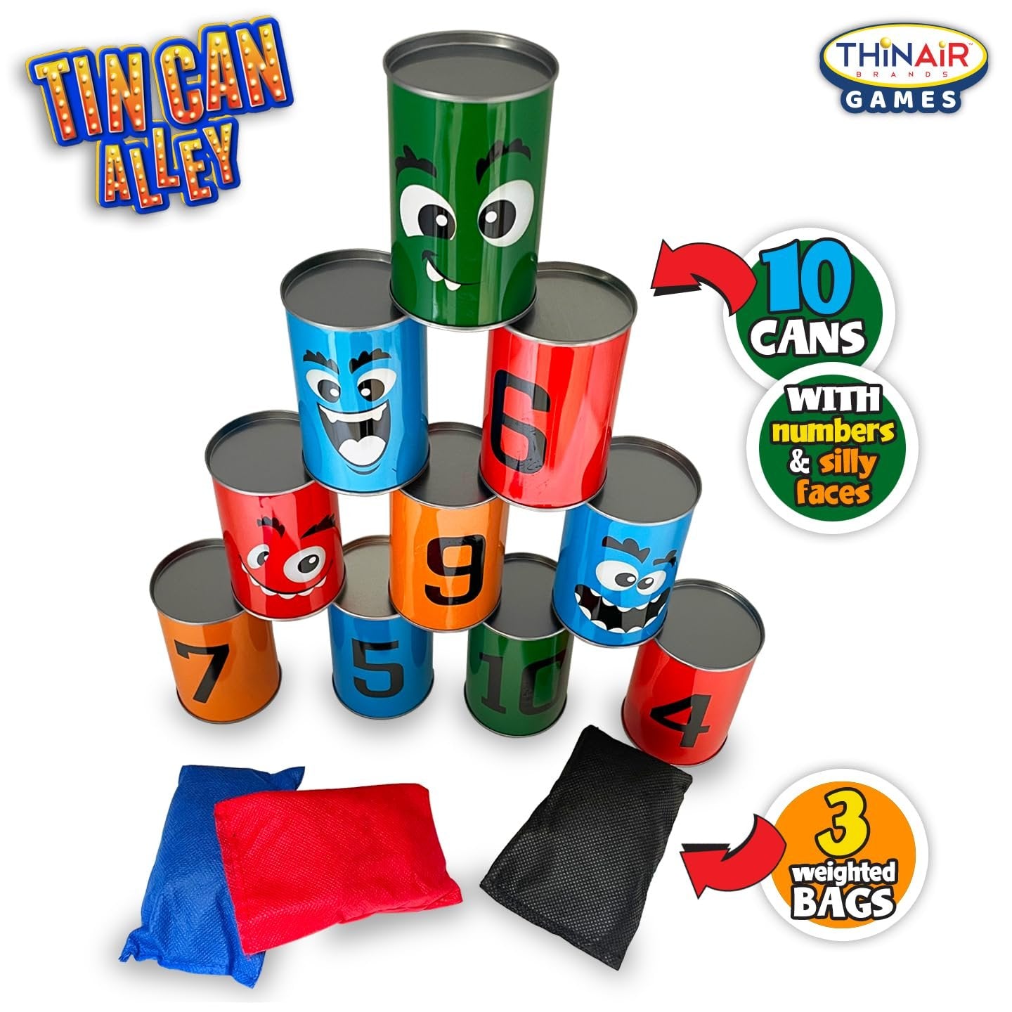 Thin Air Brands Ban Bag Toss Game for Kids - Carnival Can Beanbag Toss Game for Birthday Parties, Holidays, or Family Fun - 10 Fun Cans and 3 Beanbags - Indoor Outdoor Bowling Fun