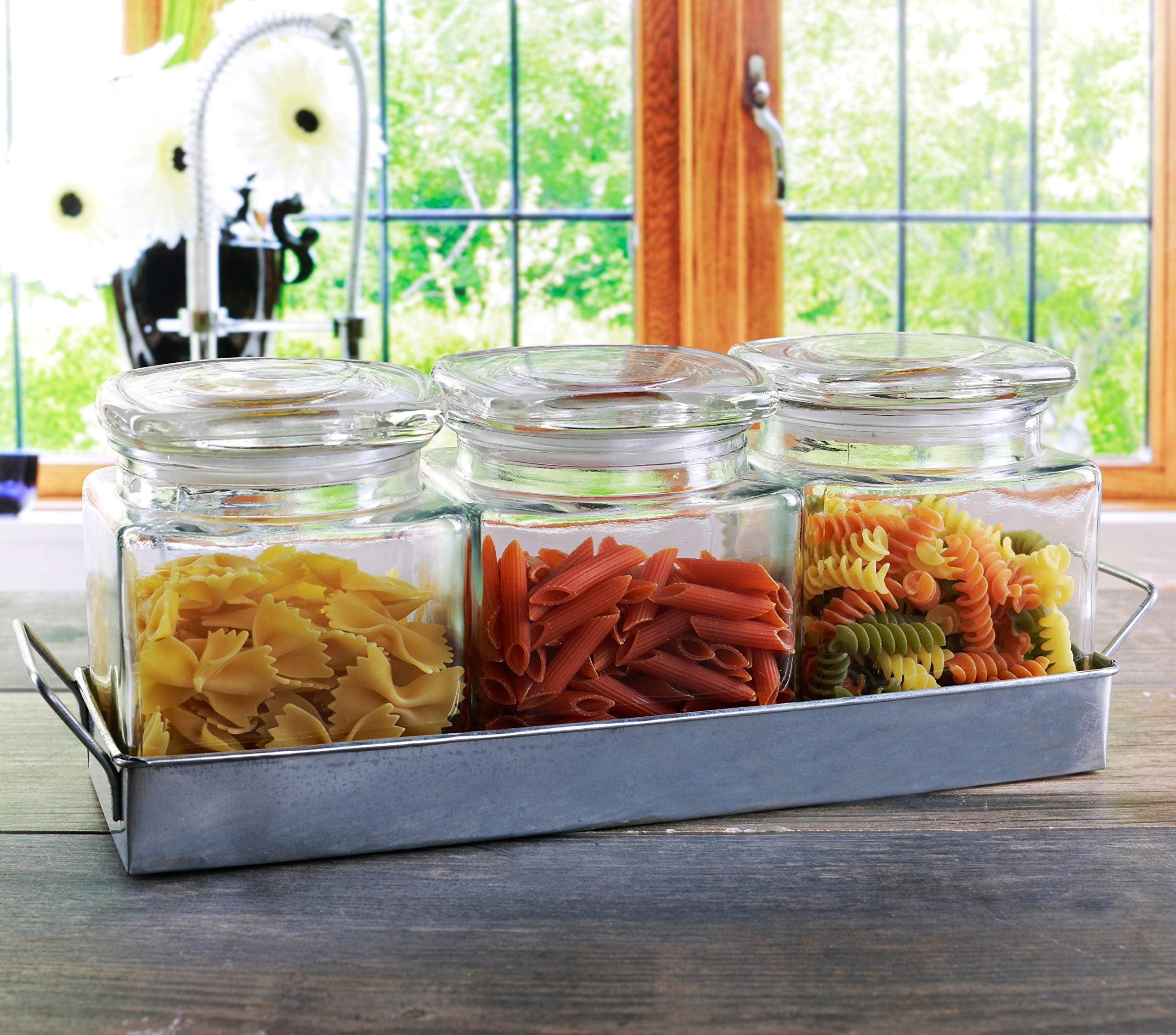 Circleware Country Glass Canister Jars, 3-Piece Set with Lids and Metal Caddy, Farmhouse Decor Home Kitchen Utensils Food Preserving Containers, Coffee, Sugar, Tea, Spices, Cereal, 27 oz, Clear