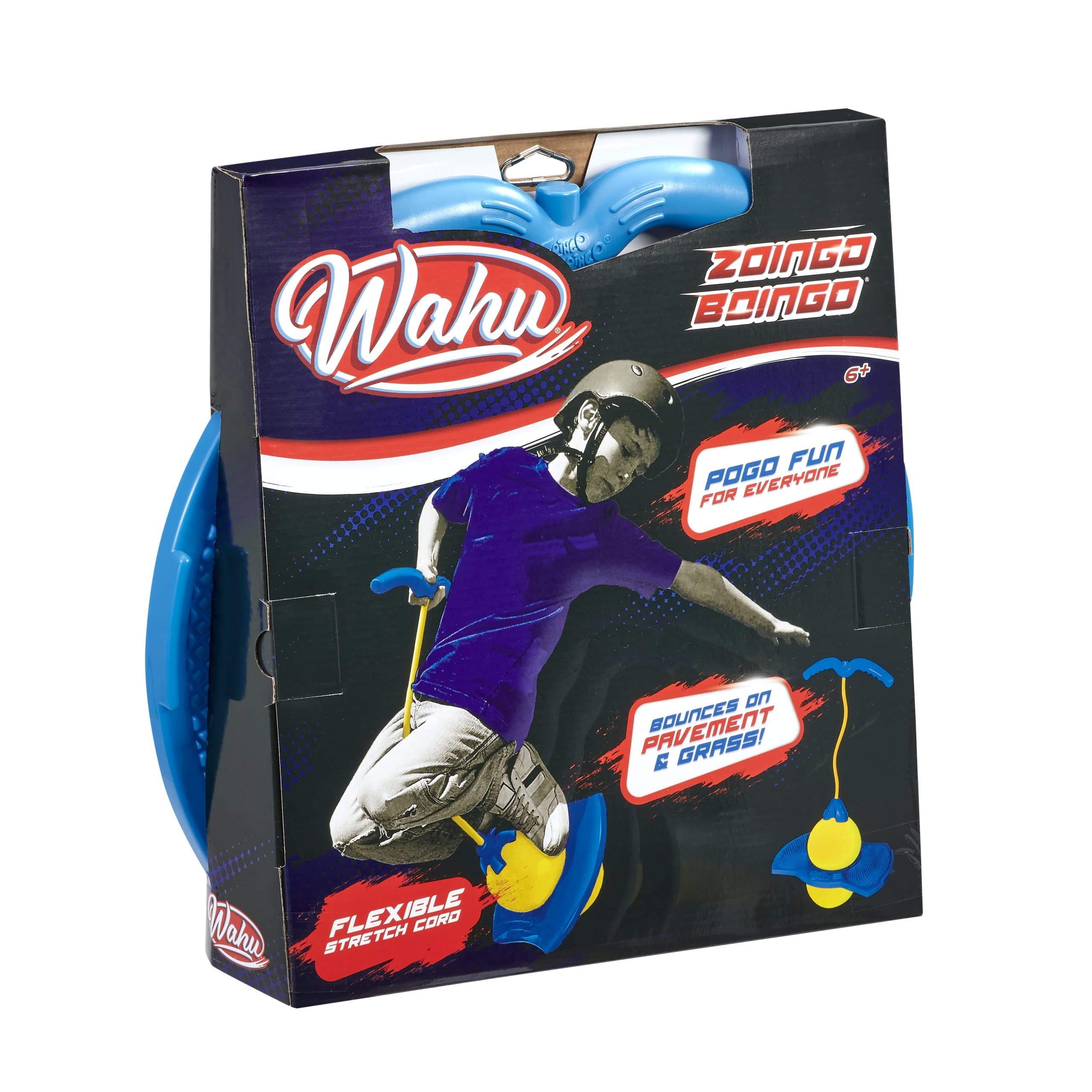 Wahu Zoingo Boingo Freestyle Pogo Ball with Handle and Footpad, Flexible Pogo Jumper for Kids Ages 6+, Bounces on Pavement and Grass, Blue/Yellow