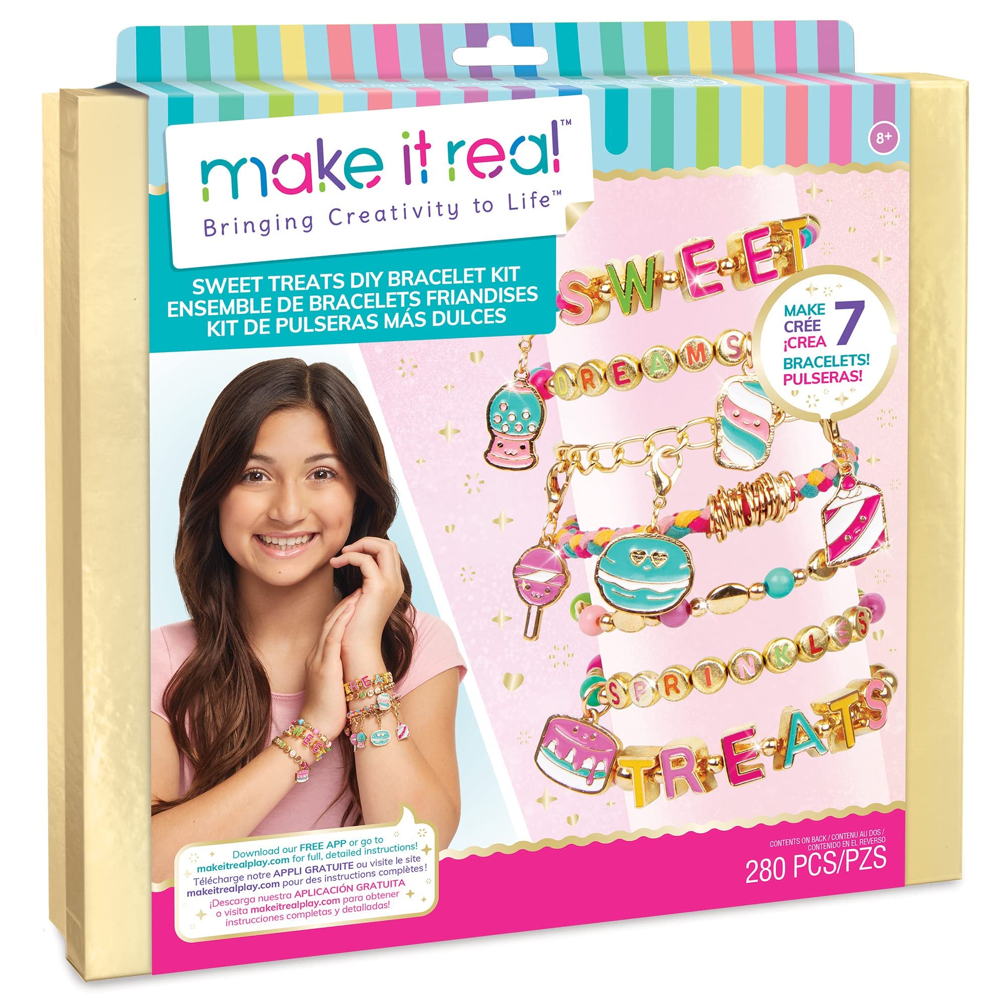Make It Real: Sweet Treats DIY Bracelet Kit - Create 7 Charm Bracelets, 280 Pieces Included, Make Dessert Themed Eye-Catching Bracelets, DIY All-In-One Kit, Tweens & Girls, Arts & Crafts, Ages 8+